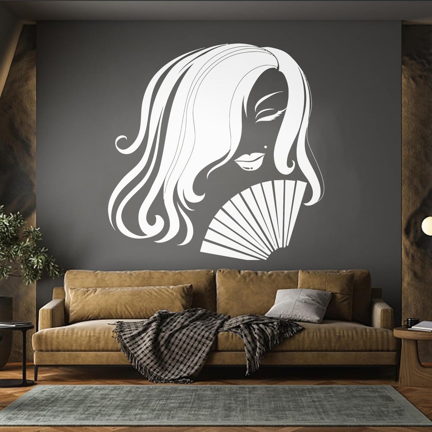 Fine Carving Stickers Asian Woman Geisha Hand Fan Oriental Girl Store Decoration