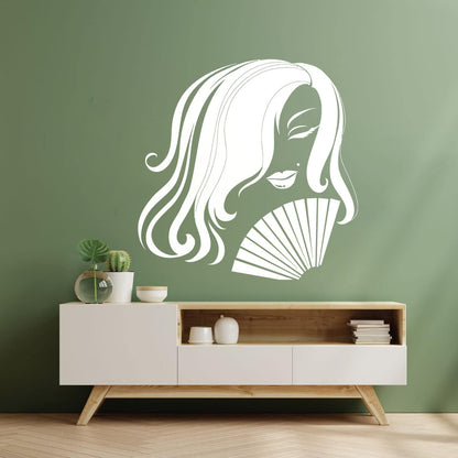 Fine Carving Stickers Asian Woman Geisha Hand Fan Oriental Girl Store Decoration