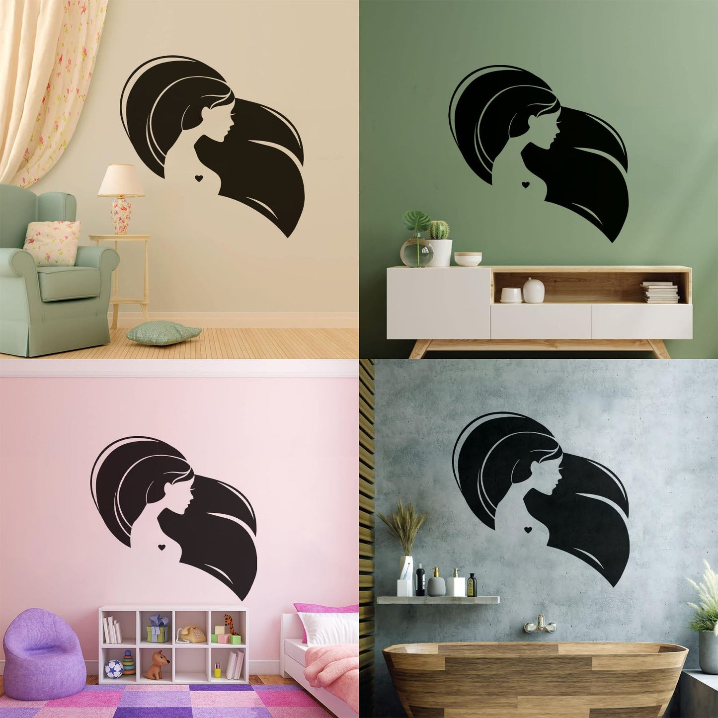 Wall Decals Pvc Beautiful Head Girl Heart Woman Long Hair Equipped With Transfer Film Kit