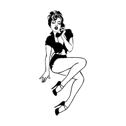 Engraving Stickers Deca Pin Up Girl Style Appeal Retro Woman With Phone Store Decoration