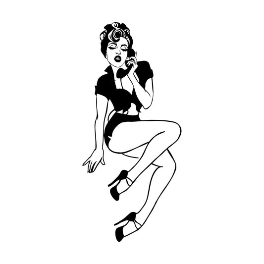 Engraving Stickers Deca Pin Up Girl Style Appeal Retro Woman With Phone Store Decoration