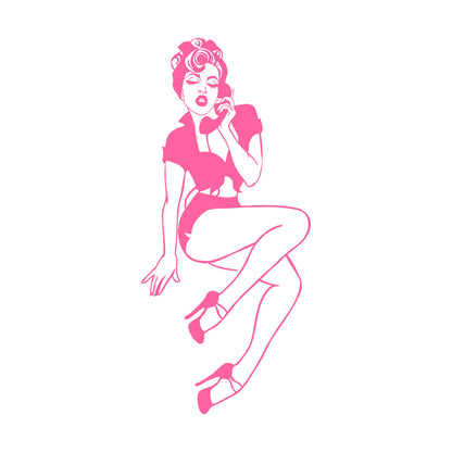 Engraving Stickers Deca Pin Up Girl Style Appeal Retro Woman With Phone Store Decoration