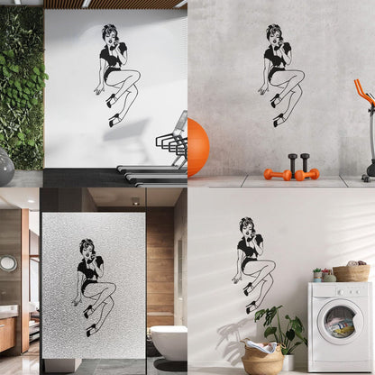 Engraving Stickers Deca Pin Up Girl Style Appeal Retro Woman With Phone Store Decoration