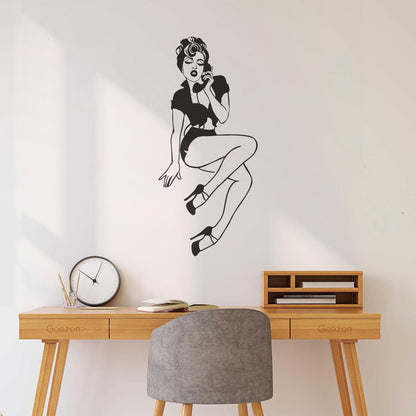 Engraving Stickers Deca Pin Up Girl Style Appeal Retro Woman With Phone Store Decoration