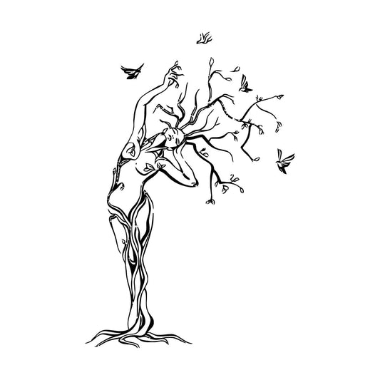Fine Carving Stickers Natural Girl Tree Birds Woman Multiple Size Options