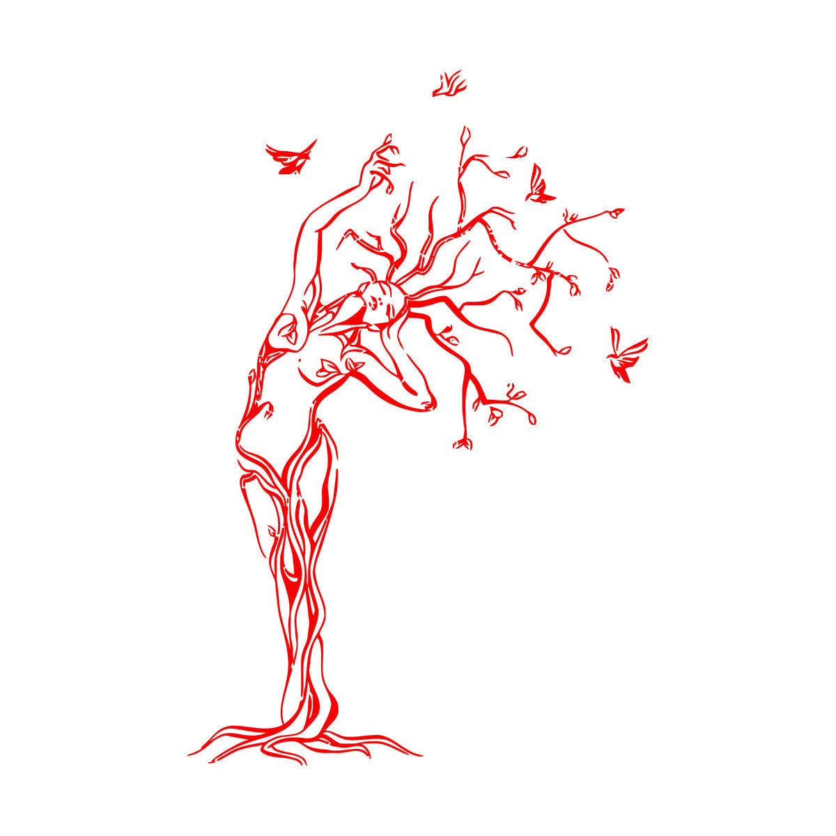 Fine Carving Stickers Natural Girl Tree Birds Woman Multiple Size Options