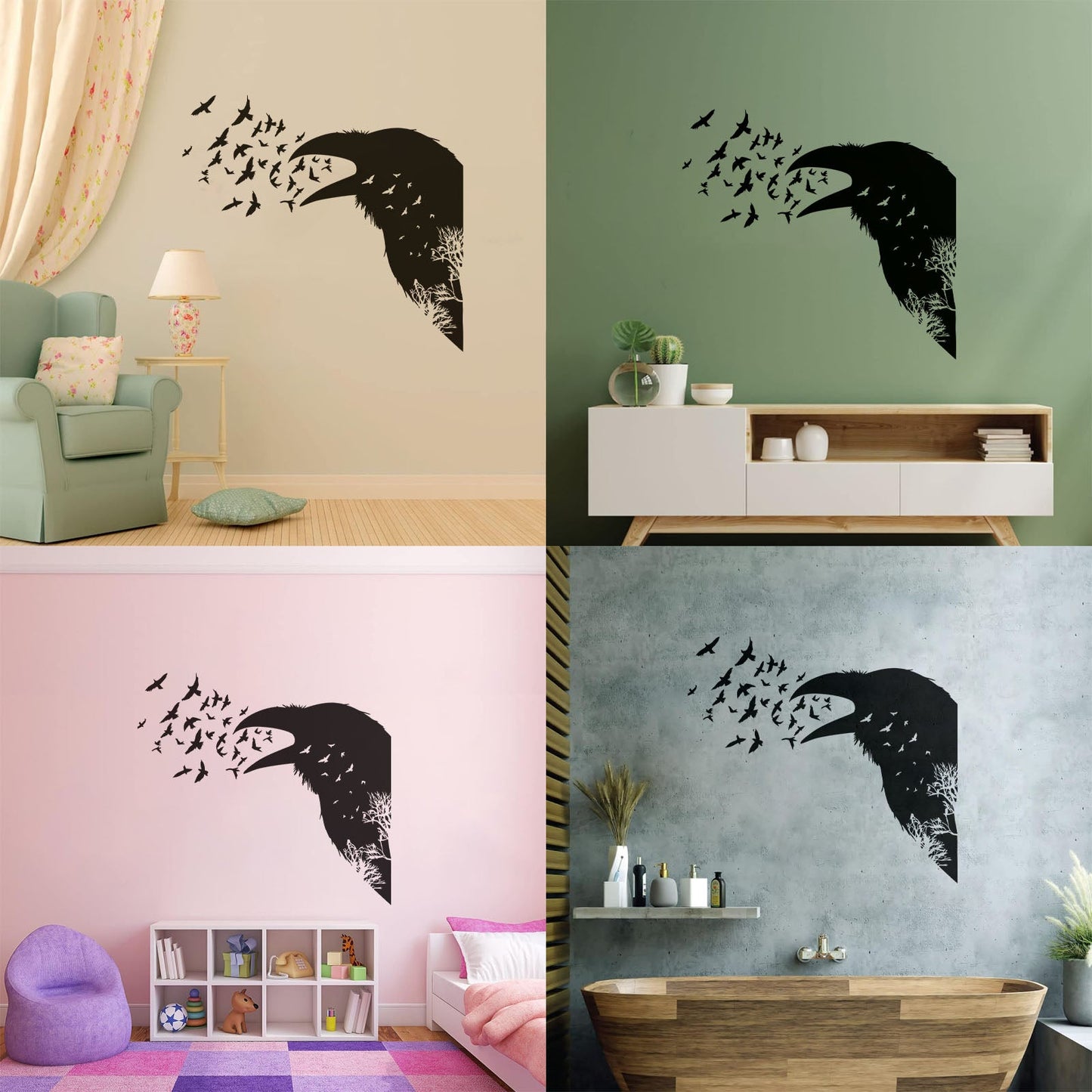 Wall Decals Pvc Bird Raven Gothic Style Tree Equipped With Transfer Film Kit
