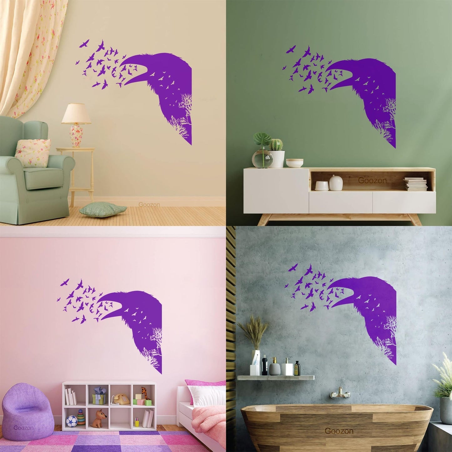 Wall Decals Pvc Bird Raven Gothic Style Tree Equipped With Transfer Film Kit