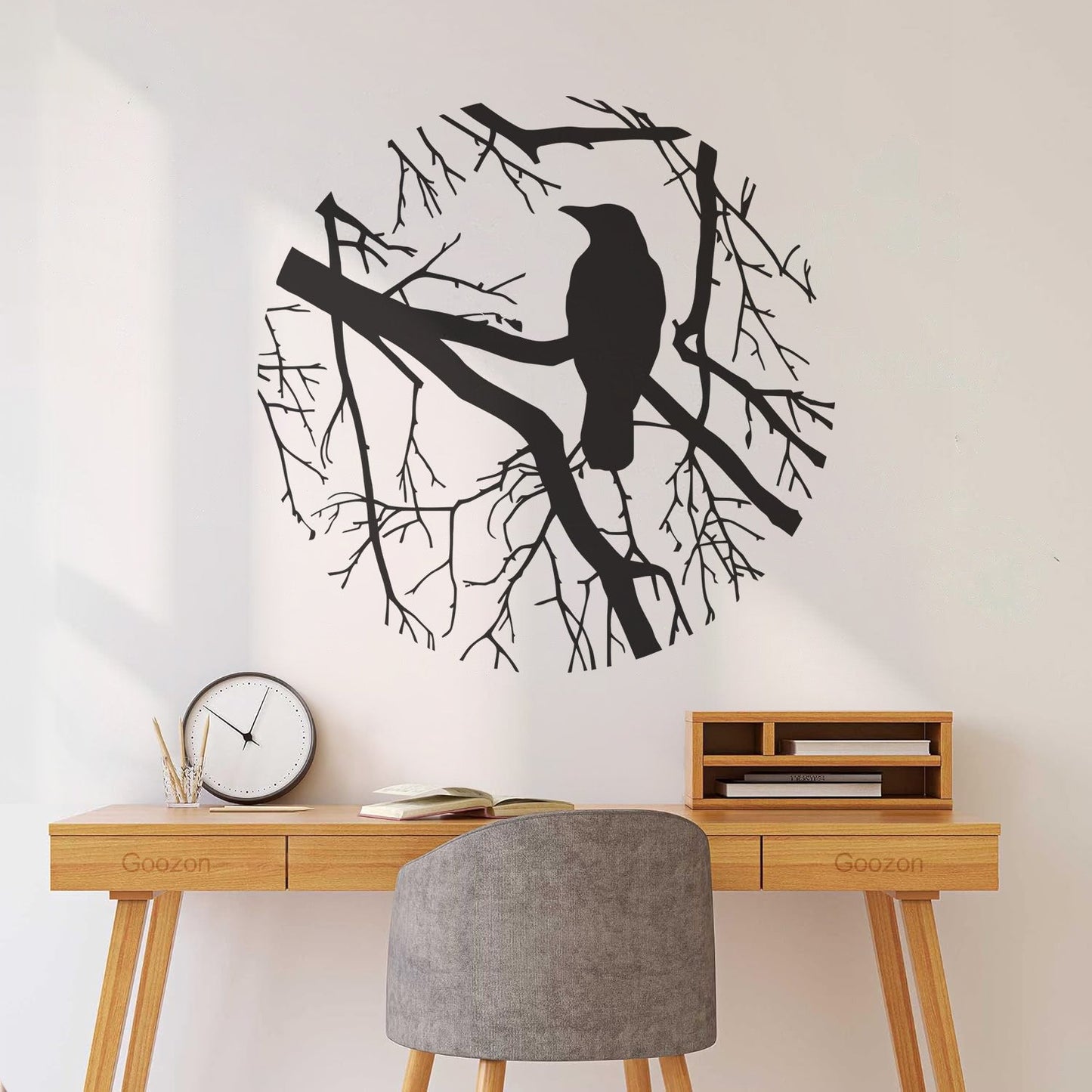 Wall Decals Bird Branch Crow Gothic Style Circle Waterproof