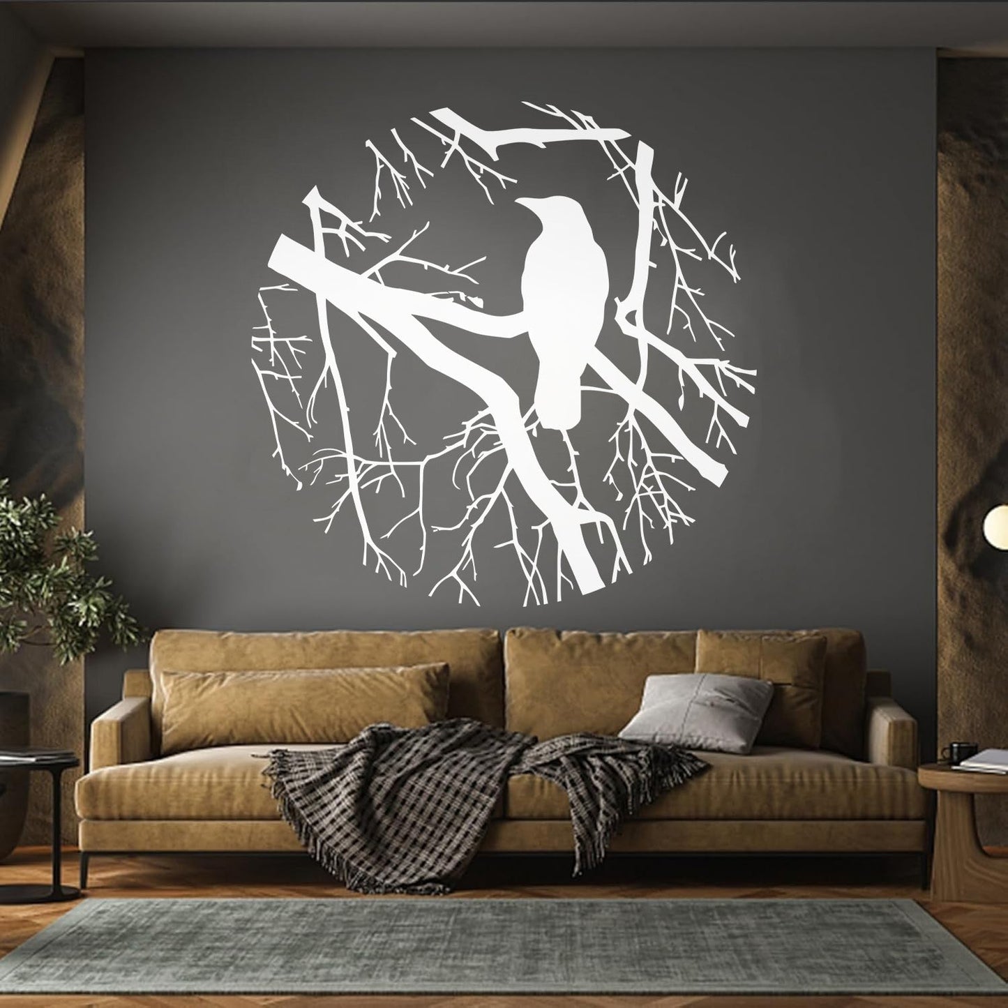 Wall Decals Bird Branch Crow Gothic Style Circle Waterproof