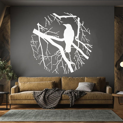 Wall Decals Bird Branch Crow Gothic Style Circle Waterproof