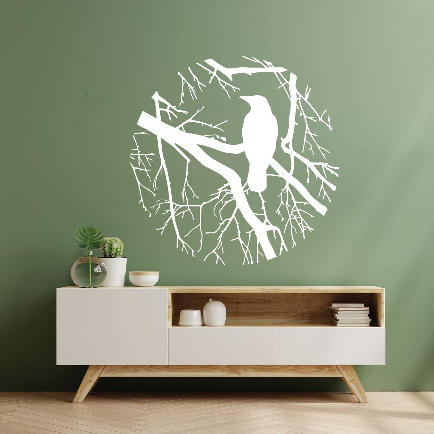 Wall Decals Bird Branch Crow Gothic Style Circle Waterproof