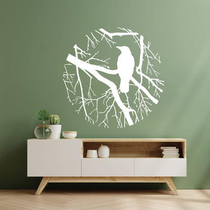 Wall Decals Bird Branch Crow Gothic Style Circle Waterproof