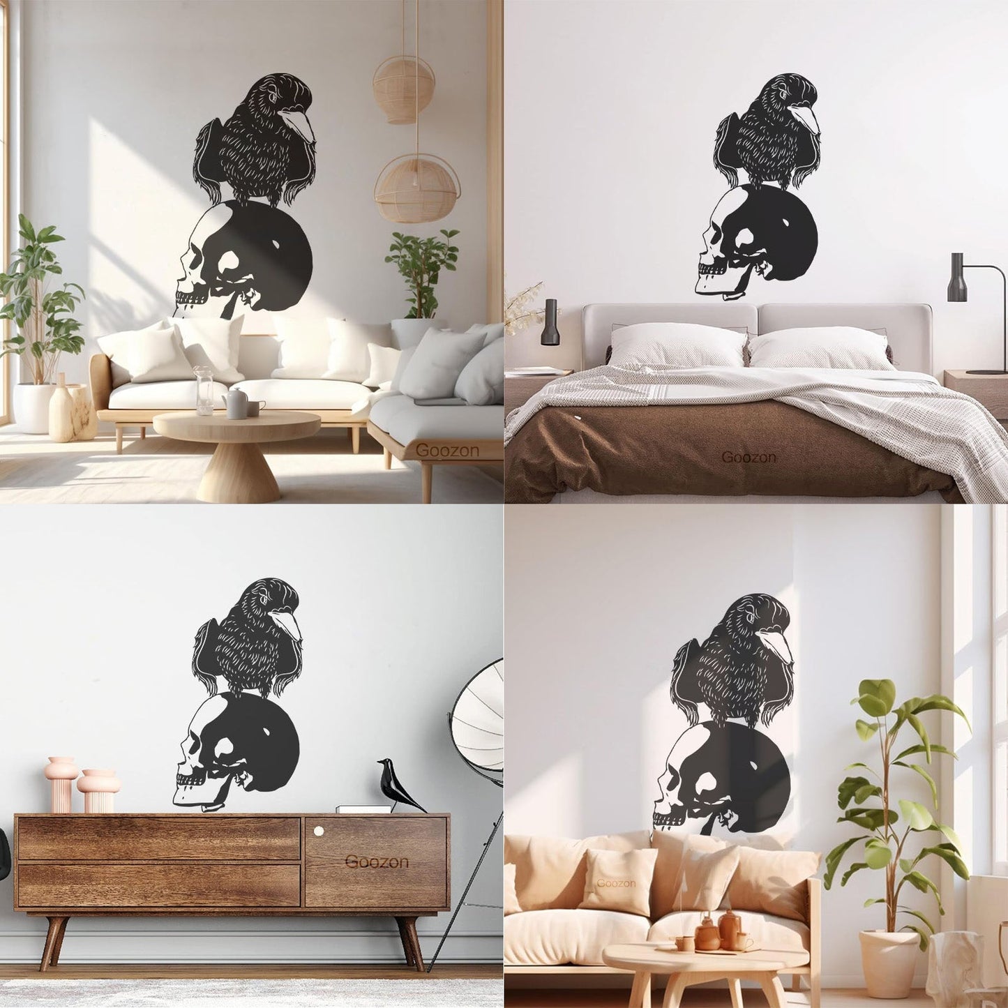 Vinyl Art Sticker Black Raven Bird Skull Horror Gothic Style Store Decoration