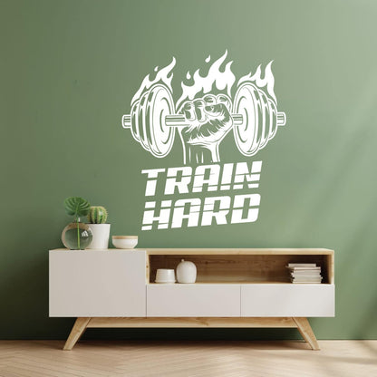 Fine Carving Decals Train Hard Barbell Gymnastics Fitnesscenter Iron Sport Wall Beautification