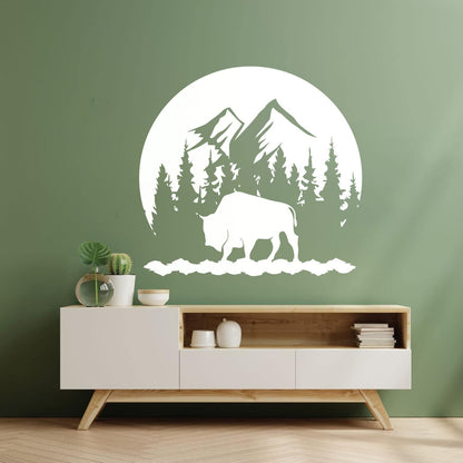 Sticker mural décoratif en vinyle représentant un taureau et des montagnes, silhouette naturelle d'animaux, forêt, tourisme, stickers pour verre