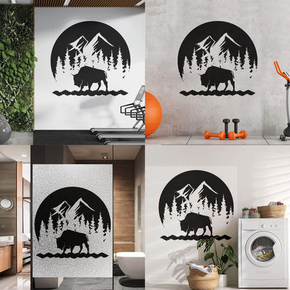 Sticker mural décoratif en vinyle représentant un taureau et des montagnes, silhouette naturelle d'animaux, forêt, tourisme, stickers pour verre