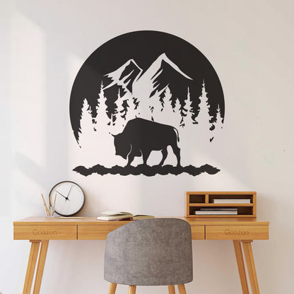 Sticker mural décoratif en vinyle représentant un taureau et des montagnes, silhouette naturelle d'animaux, forêt, tourisme, stickers pour verre