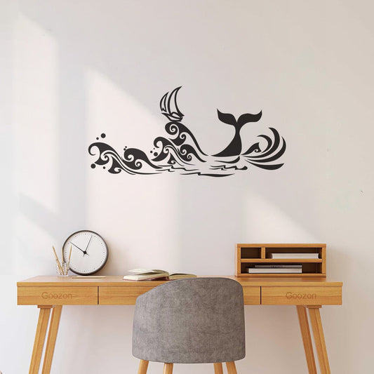 Autocollants muraux, papier adhésif, dessin animé, vagues, bateau, queue de baleine, autocollants pour verre