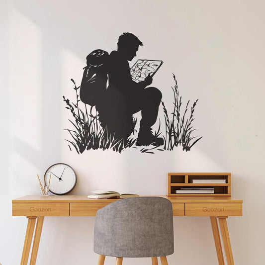 Lettering Decals Silhouette Of A Hiker Crouched In Tall Grass Poring Over A Map Personalized Customization
