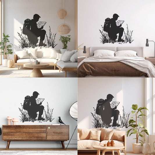 Lettering Decals Silhouette Of A Hiker Crouched In Tall Grass Poring Over A Map Personalized Customization