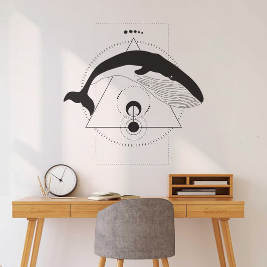 Stickers muraux en vinyle représentant un tatouage animal abstrait avec une baleine et des éléments géométriques. N'abîment pas la surface du mur.