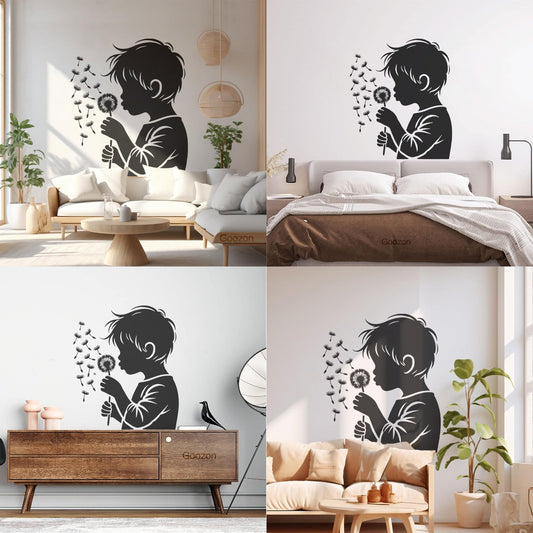 Wall Decals Pvc A Silhouette Of A Boy Blowing On A Dandelion Easy Installation