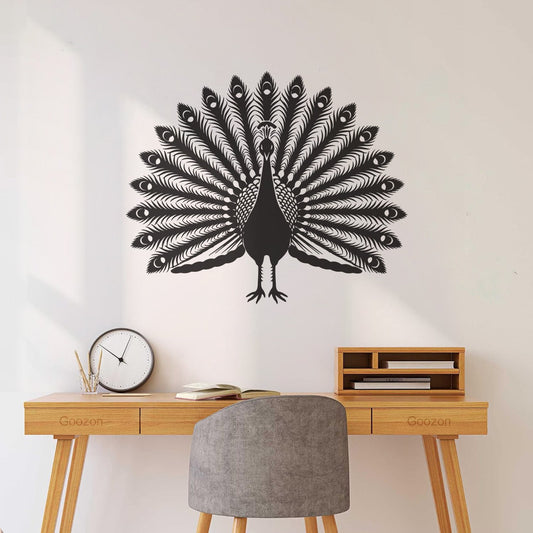 Silhouette d'un paon déployant ses plumes contre un mur. Autocollants muraux en papier adhésif. N'abîment pas la surface du mur.