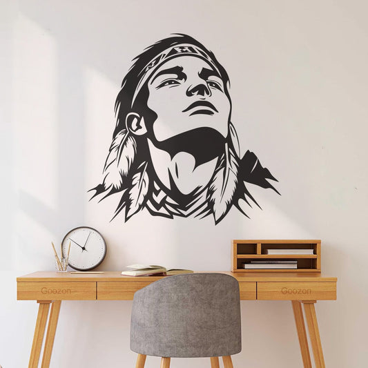 Portrait audacieux de guerrier autochtone avec plumes - Autocollant mural imperméable