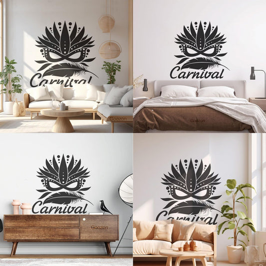 Décoration murale et autocollant mural en vinyle avec motif de masque de carnaval et plumes, personnalisable