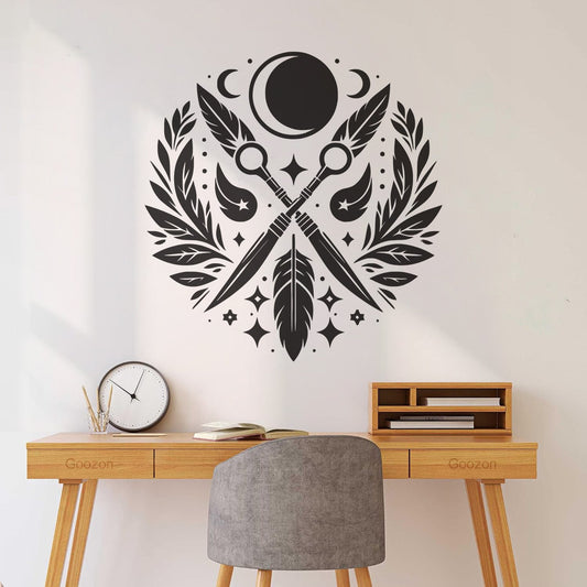 Stickers muraux emblème céleste avec croix de feuilles, plumes et phases de la lune, culture du tatouage
