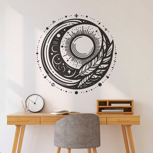 Stickers muraux, papier adhésif, symphonie céleste, mandala représentant le soleil, la lune, des plumes et des étoiles dans une composition circulaire, stickers pour verre