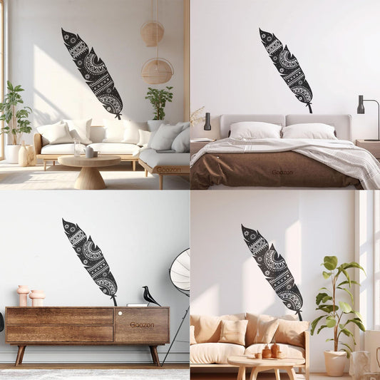 Sticker mural décoratif en vinyle, motif plumes stylisées de style ethnique, plusieurs tailles disponibles