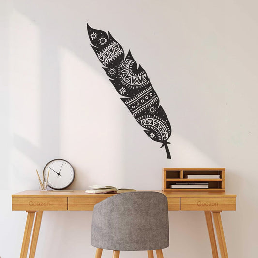 Sticker mural décoratif en vinyle, motif plumes stylisées de style ethnique, plusieurs tailles disponibles