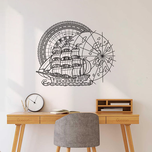 Wall Stickers Paster Paper Stormy Weather And Vintage Sailboat Logo Map And Compass Removable Without Leaving Glue