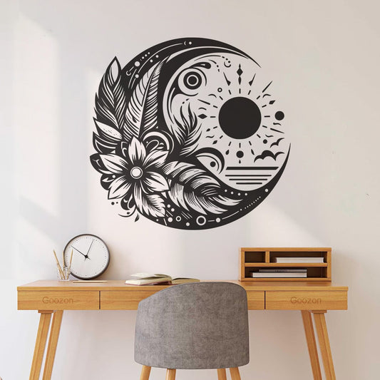 Stickers muraux en papier adhésif, élégants motifs célestes de soleil, lune, fleurs et plumes, amovibles sans laisser de colle.