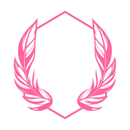 Stickers muraux en vinyle élégants, ornés de plumes stylisées encadrant un cadre hexagonal géométrique, parfaits pour la décoration de magasins.