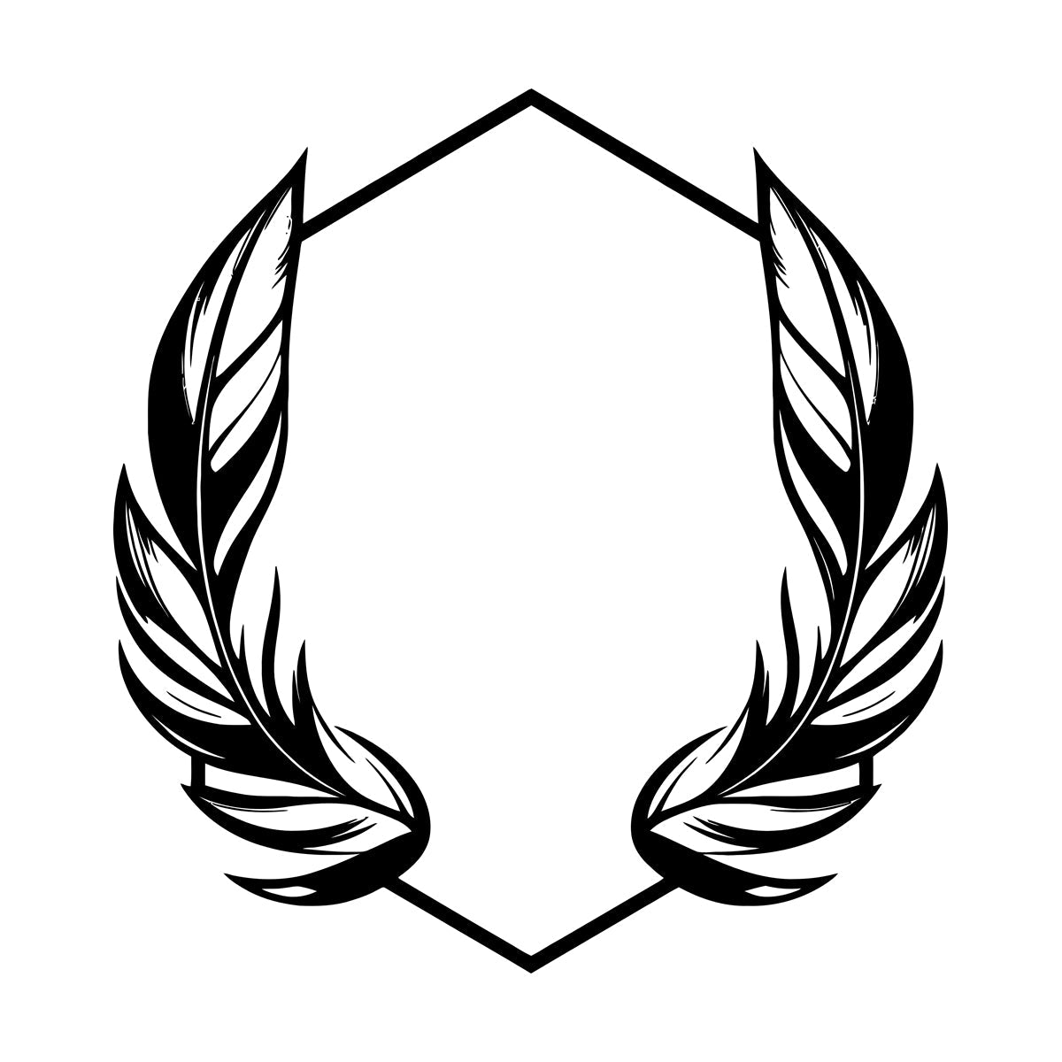 Stickers muraux en vinyle élégants, ornés de plumes stylisées encadrant un cadre hexagonal géométrique, parfaits pour la décoration de magasins.