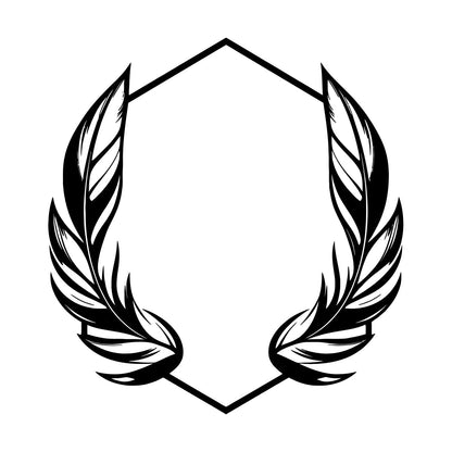 Stickers muraux en vinyle élégants, ornés de plumes stylisées encadrant un cadre hexagonal géométrique, parfaits pour la décoration de magasins.