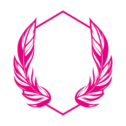 Stickers muraux en vinyle élégants, ornés de plumes stylisées encadrant un cadre hexagonal géométrique, parfaits pour la décoration de magasins.