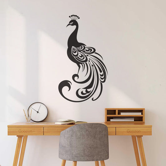 Sticker mural en vinyle représentant la silhouette élégante d'un paon aux plumes déployées, un magnifique motif pour verre.