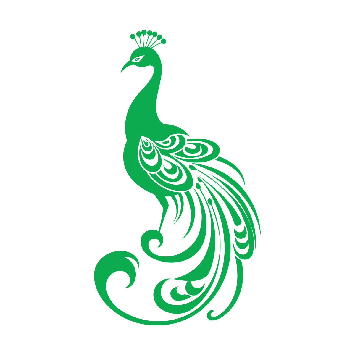 Sticker mural en vinyle représentant la silhouette élégante d'un paon aux plumes déployées, un magnifique motif pour verre.