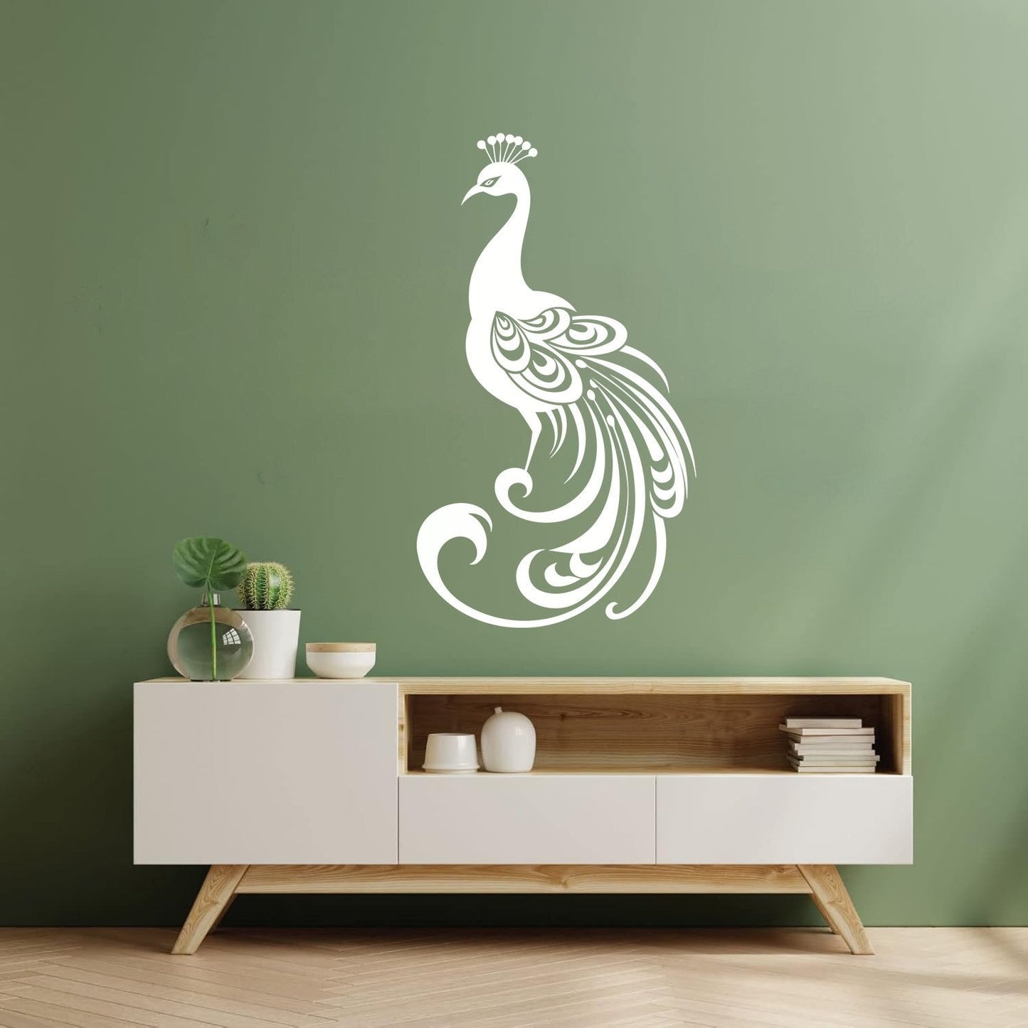 Sticker mural en vinyle représentant la silhouette élégante d'un paon aux plumes déployées, un magnifique motif pour verre.
