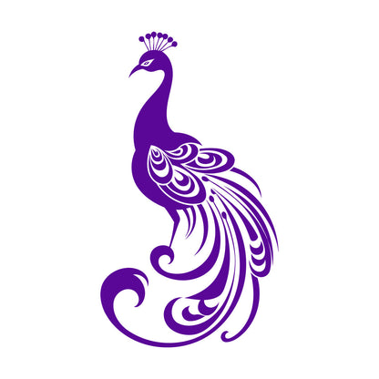 Sticker mural en vinyle représentant la silhouette élégante d'un paon aux plumes déployées, un magnifique motif pour verre.