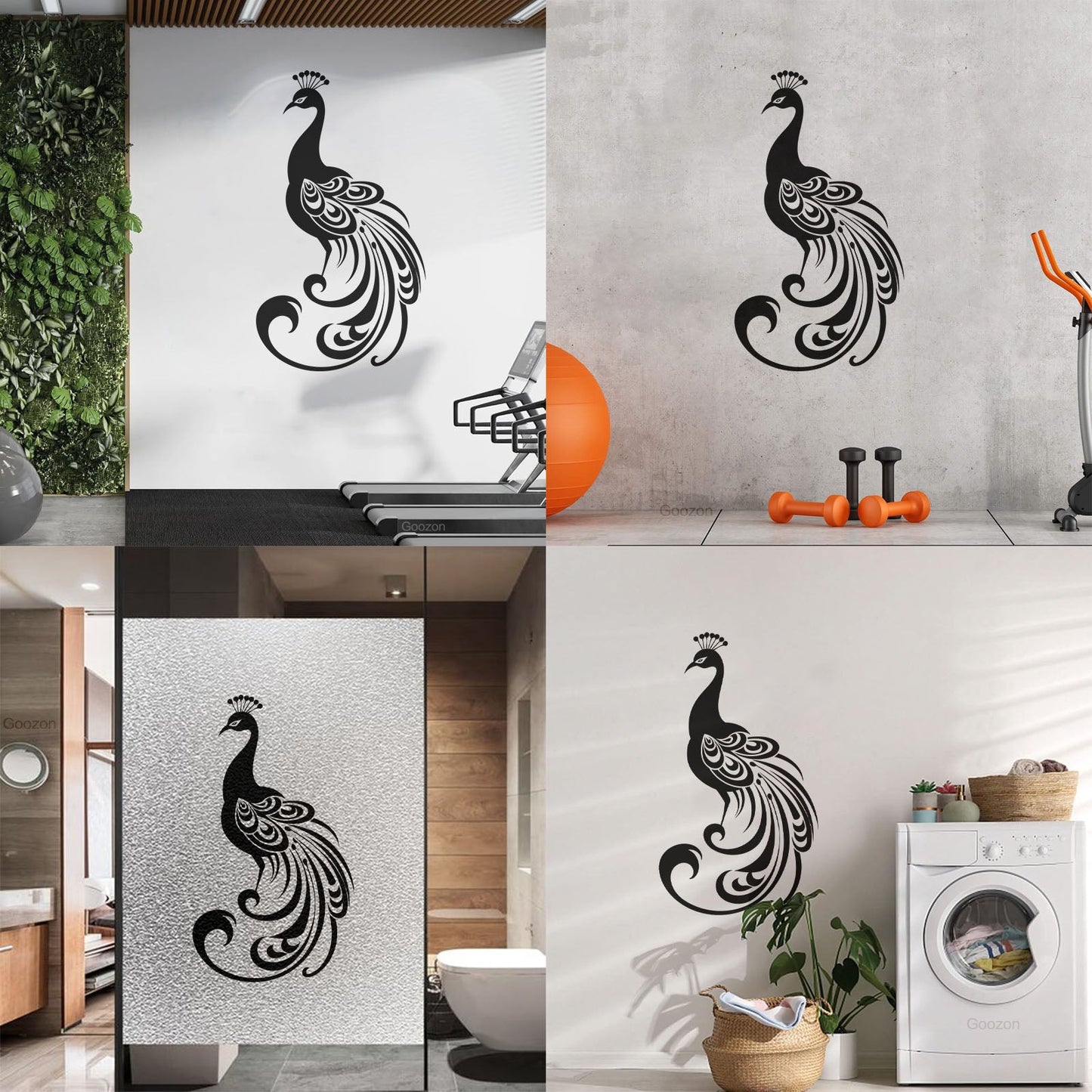 Sticker mural en vinyle représentant la silhouette élégante d'un paon aux plumes déployées, un magnifique motif pour verre.