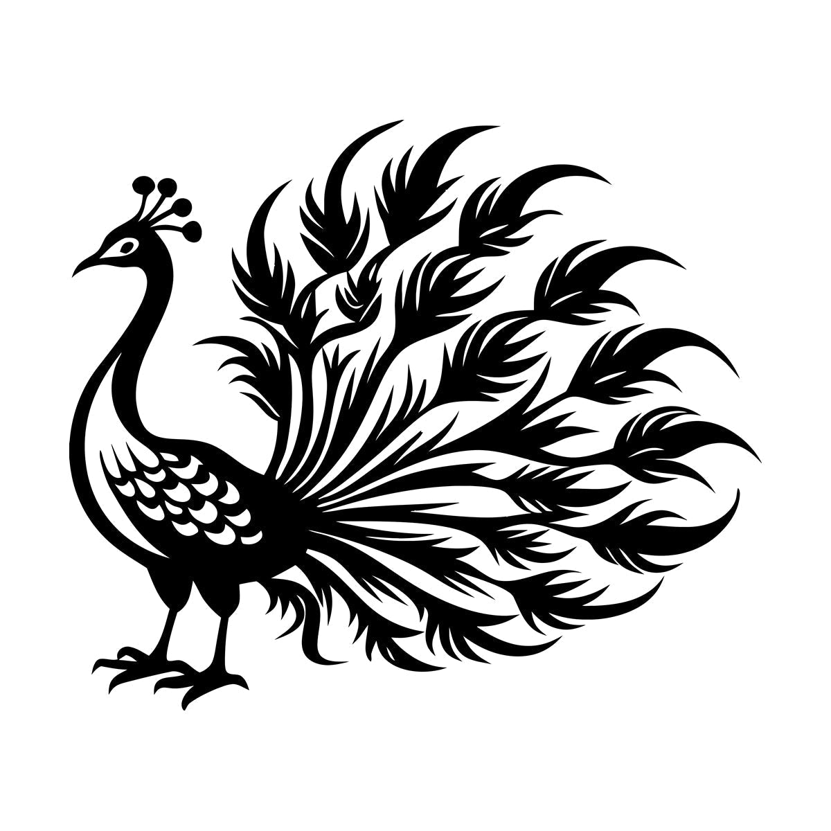 Sticker mural décoratif en vinyle : Paon élégant aux plumes flottantes, idéal pour une peinture murale artistique.