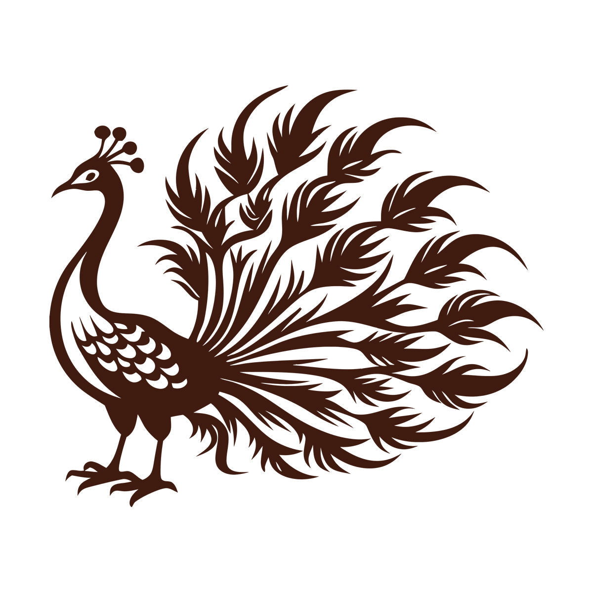 Sticker mural décoratif en vinyle : Paon élégant aux plumes flottantes, idéal pour une peinture murale artistique.