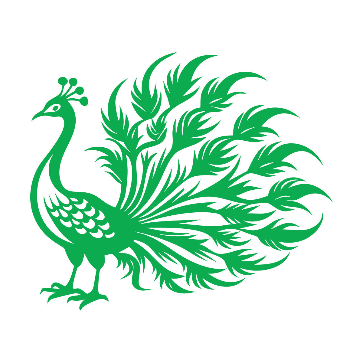 Sticker mural décoratif en vinyle : Paon élégant aux plumes flottantes, idéal pour une peinture murale artistique.