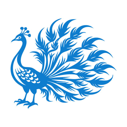 Sticker mural décoratif en vinyle : Paon élégant aux plumes flottantes, idéal pour une peinture murale artistique.