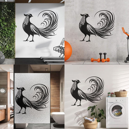 Stickers muraux élégants représentant un oiseau exotique aux plumes de queue déployées, au design artistique. N'abîment pas les murs.